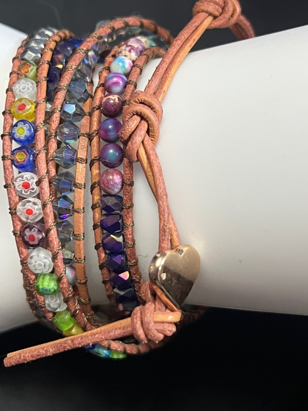 Multicolor Jasper Heart Stone Wrap Bracelet - - Picture 2 of 2